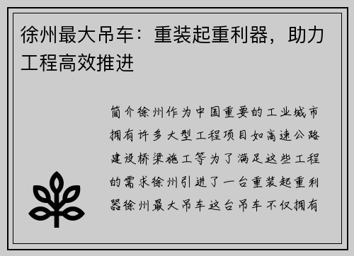 徐州最大吊车：重装起重利器，助力工程高效推进