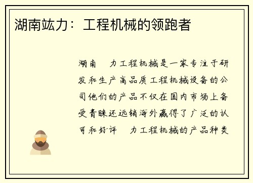 湖南竑力：工程机械的领跑者